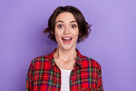 Photo Of Impressed Millennial Bob Hairdo Lady Wear Red Shirt Isolated