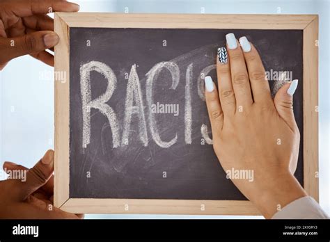 Racism Protest And Stop Hands On Blackboard To Remove Inequality