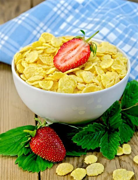 Cornflakes In Bowl With Strawberries On Board Stock Image Image Of