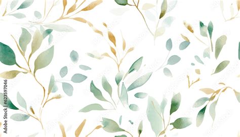 Seamless Watercolor Floral Pattern Green Gold Leaves Branches Composition On White Background