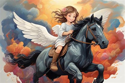 Una Linda Niña ángel Montando Un Caballo Negro En El Cielo Imagen