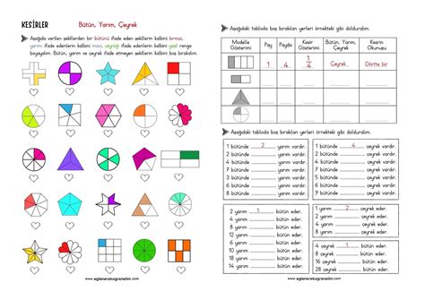 3 Sınıf Kesirler Etkinlik Bütün Yarım Çeyrek 2 sayfa Eğlenerek