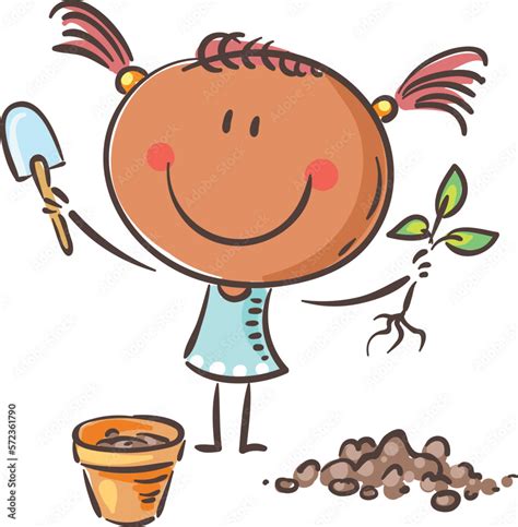 Girl Planting A Seedling In A Pot Cartoon Happy Doodle Kid Clipart