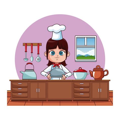 Linda Chica Chef Cocinar En Dibujos Animados De Cocina Vector Premium