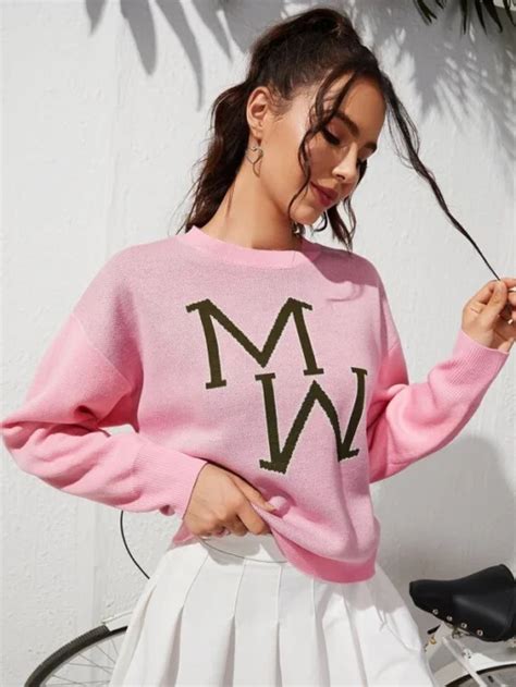 Shein Letter Pattern Drop Shoulder Sweater Pink Shop