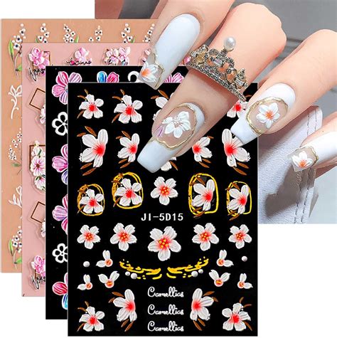 Jmeowio 3d Embossed Spring Flower Nail Art Stickers Decals