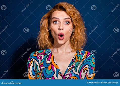 Portrait Of Impressed Cute Woman Open Mouth Wear Trendy Clothes On Dark