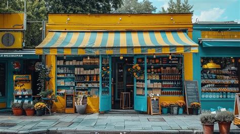 Yellow And Blue Storefront Of A European Grocery Premium Ai Generated