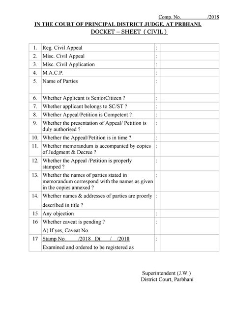 Docket Sheet Llb Comp No In The Court Of Principal District