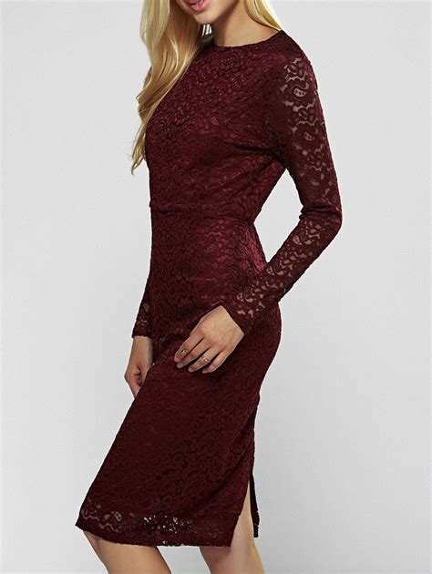 Wine Red Long Sleeve Lace Bodycon Dress RoseGal