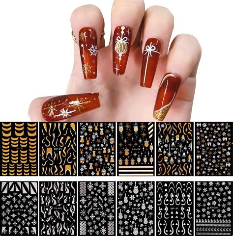 12 Sheets Christmas Nail Art Stickers Decals EBANKU Golden Silver