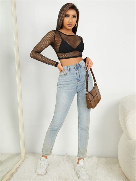 Shein Petite Sheer Fishnet Mesh Crop Top Without Bra Shein Usa