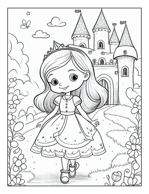 A Coloring Page With A Girl In Front Of A Castle