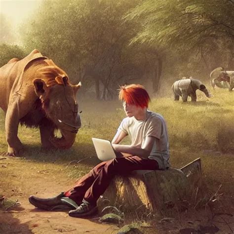 A Red Haired Teenage Boy Sitting At A Computer Lions Stable