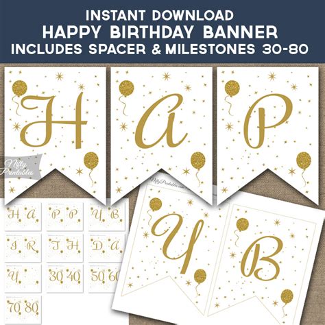 Printable Happy Birthday Banner - Gold Glitter Balloons White