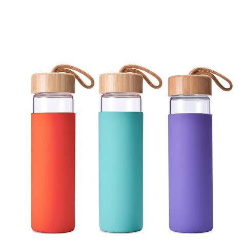 Sustainable Leak Proof Eco Friendly Silicone Glass Water Bottle With Bamboo Lid And Rope