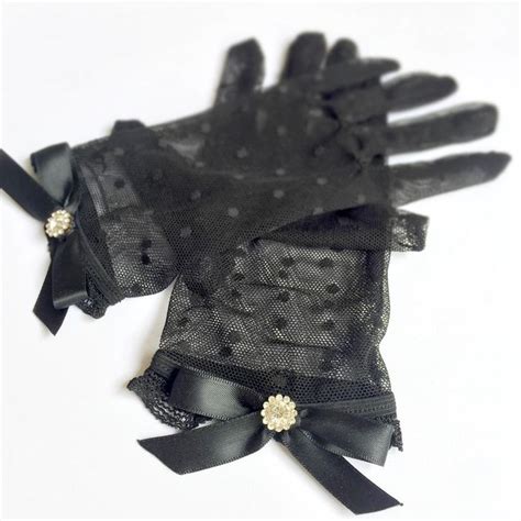 Black Polka Dot Lace Gloves Black Lace Short Gloves With Bow And Rhinestone Jewellery