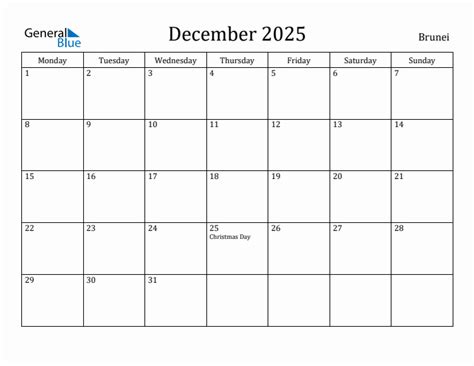 December 2025 - Brunei Monthly Calendar with Holidays