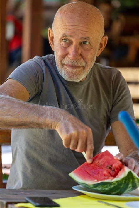 Mature Man Eating Watermelon Outdoor Stock Photo Image Of Melon Nature