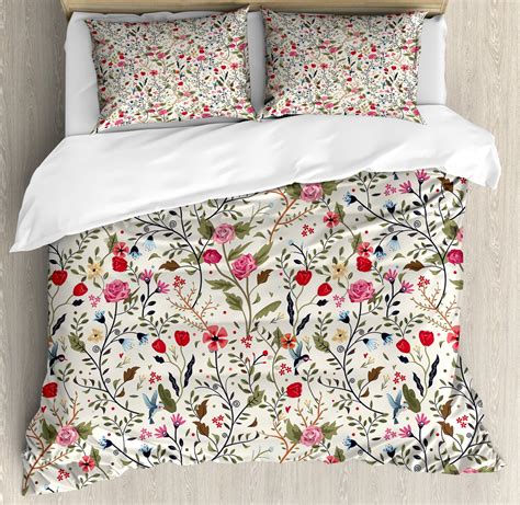 Floral Duvet Cover Set Queen Size Vibrant Colored Complex Image Birds