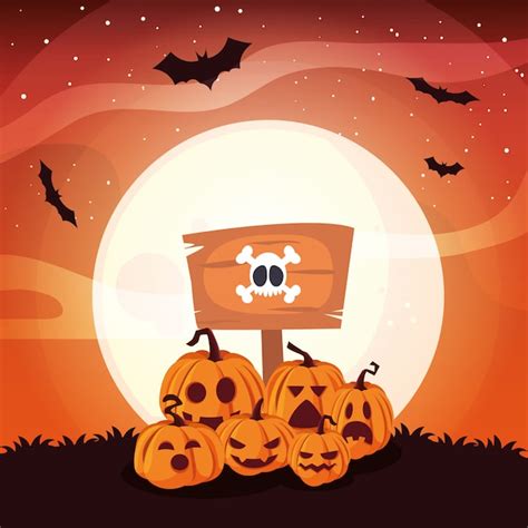 Calabazas Con Cara De Miedo En Escena De Halloween Vector Premium