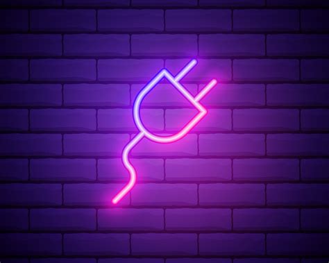 Glowing Neon Electric Plug Icon Isolated On Brick Wall Background