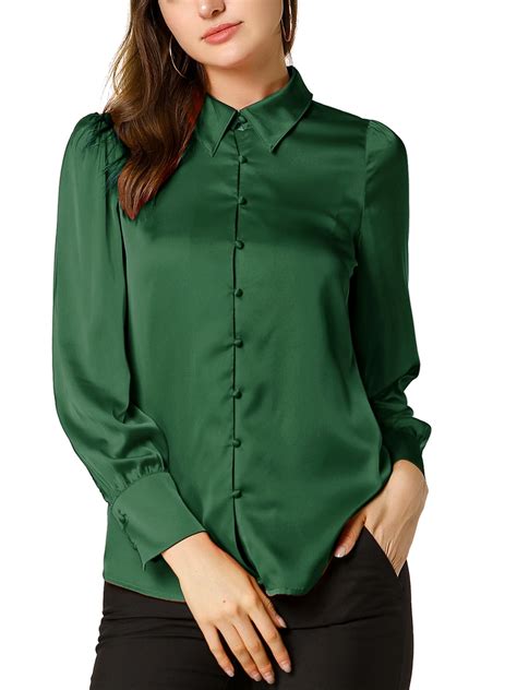 Unique Bargains Womens Button Down Turn Down Collar Puff Sleeve Work