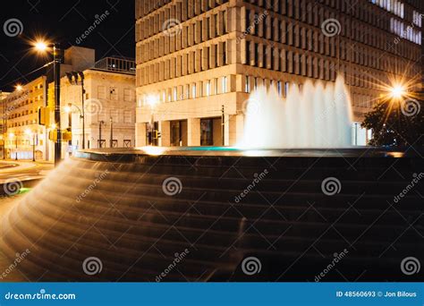 Fountains And Buildings At Night At Woodruff Park In Downtown At Stock