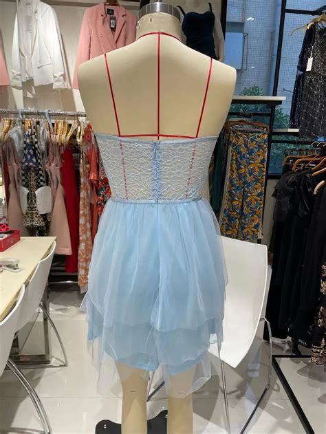 Dandm Summer Lady Sky Blue Cute Contrast Lace Cut Out Strapless Bustier Tube Cake Tiered Mesh