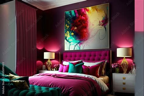 Stock Illustrationen Ai Generated Bedroom In Trend Viva Magenta Color 2023 Year A Bright Bed