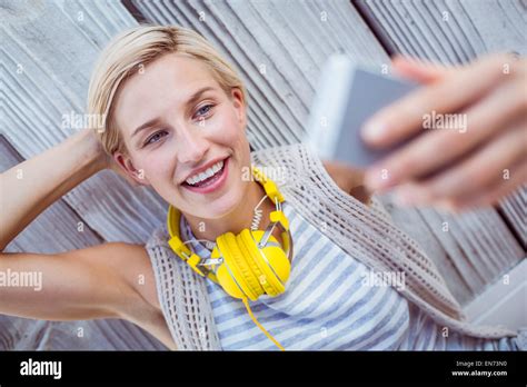 Pretty Blonde Woman Taking Selfie Stock Photo Alamy