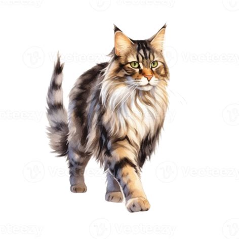 Watercolor Painting Of Maine Coon Cat Isolated Transparent Background