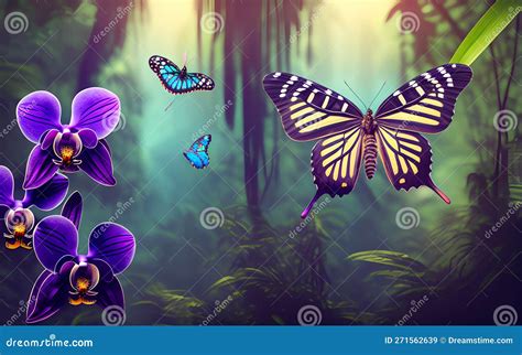 Beautiful Butterflies And Purple Orchid In The Rainforest Generative