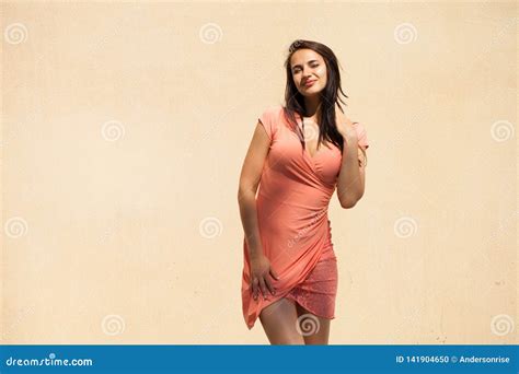 Beautiful Brunette Woman In Pink Dress Stock Photo Image Of Dress Beauty