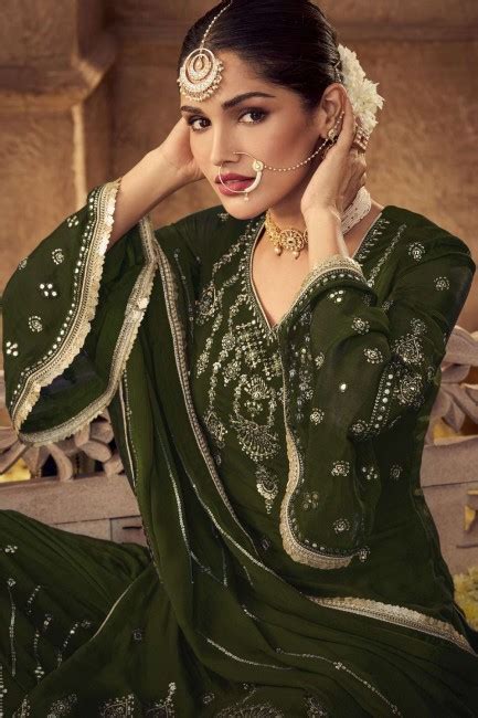 Embroidered Faux Georgette Pakistani Suit In Mehndi With Dupatta Uk