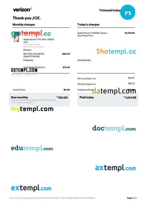 Verizon Company Payment Receipt Psd Template Mytempl