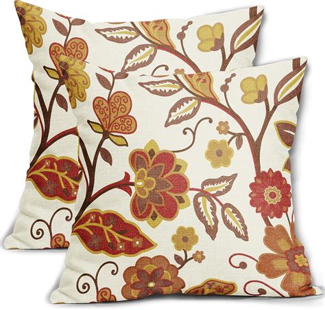 Fall Floral Pillow Covers 20x20 Set Of 2 Red Yellow Burnt