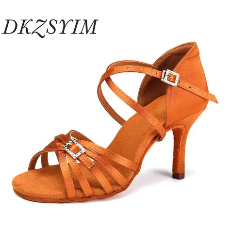 DKZSYIM New Latin Dance Shoes Women High Heel Satin Dancing Shoes Lady