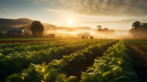 Premium Photo Sunrise Over A Misty Farm With Lush Green Crops And