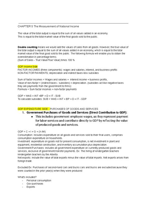 Chapter 5 Summary Chapter 5 The Measurement Of National Income The