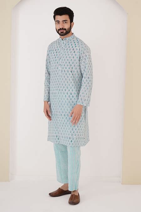 Buy Blue Pure Cotton Hand Block Printed Floral Kurta For Men By Nero