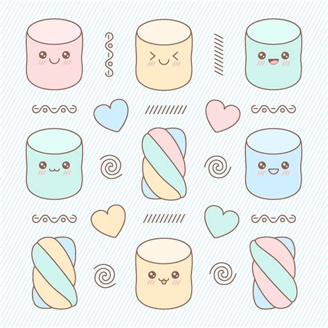 Set Of Cute Soft Marshmallows In Kawaii Style Vector Illustration Of