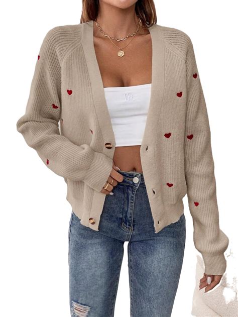 Casual Heart Deep V Neck Long Sleeve Khaki Women Cardigans Women S