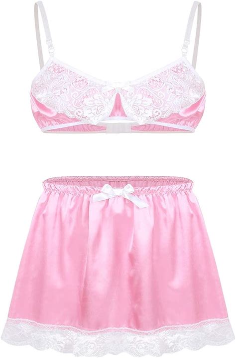 MSemis Herren Sissy Dessous Satin Sets BH Bügellos Unterrock Minirock