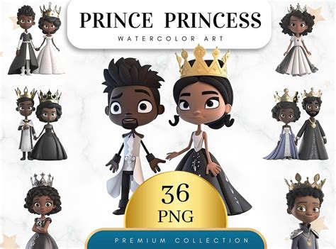 Set Of 36 Watercolor Black King Clipart Queen Clipart Prince Clipart