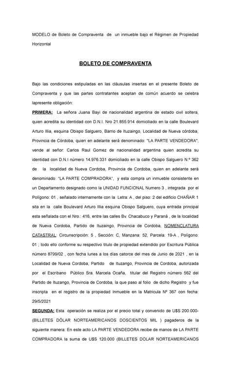 Modelo De Contrato De Compraventa Modelo De Boleto De Compraventa De