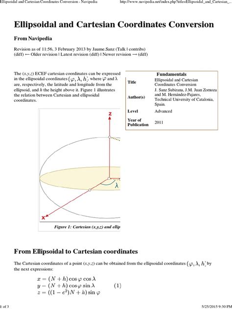 Ellipsoidal and Cartesian Coordinates Conversion - Navipedia | Ellipse ...