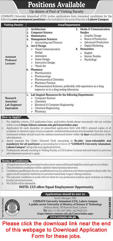 Comsats Lahore Jobs August 2023 Application Form Teaching Faculty