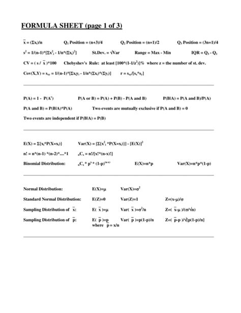 Probability Formula Sheet Download Printable PDF | Templateroller