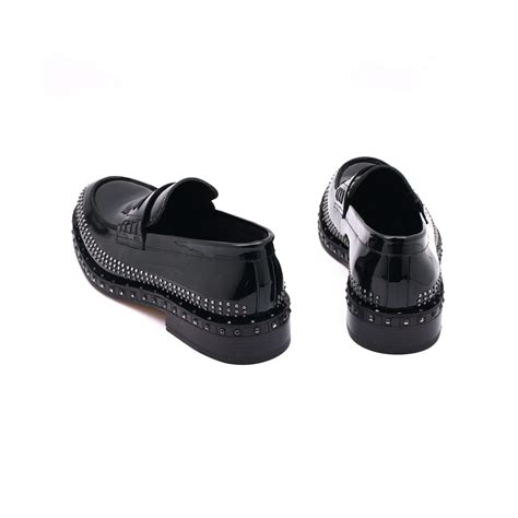 BLACK PATENT LEATHER SILVER STUDDED LOAFER - Stanlion